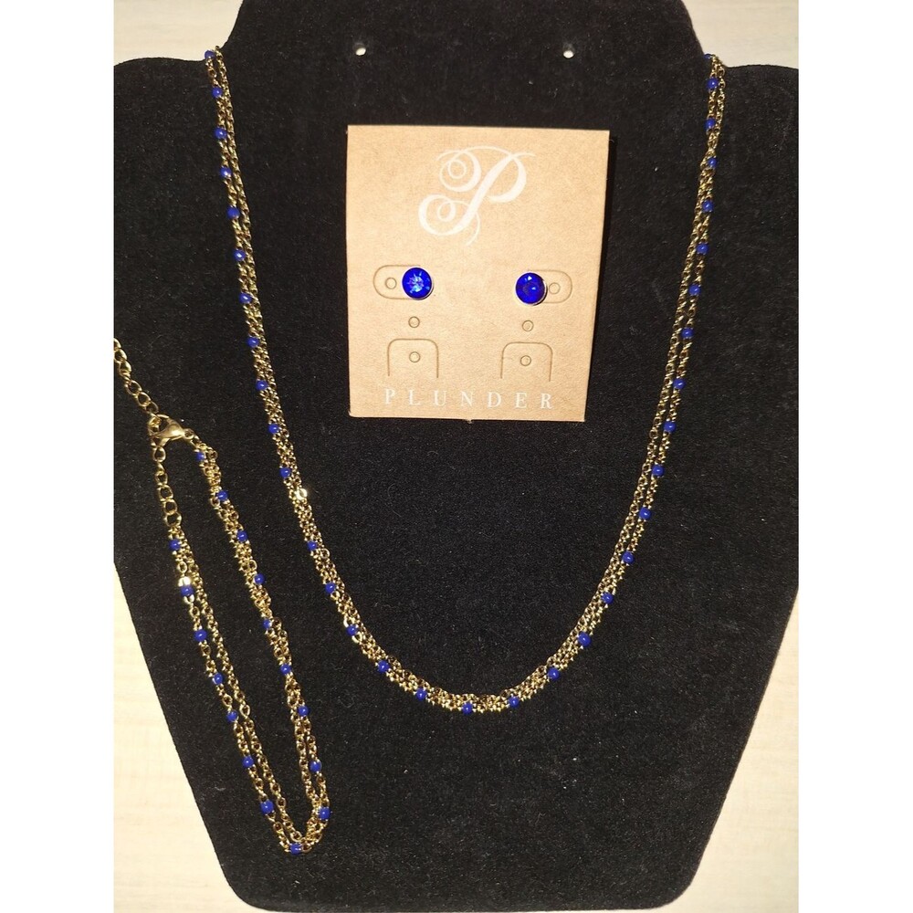 3 PC Set-Gold Double Chain Necklace, Bracelet and Royal Blue Bead Earrings